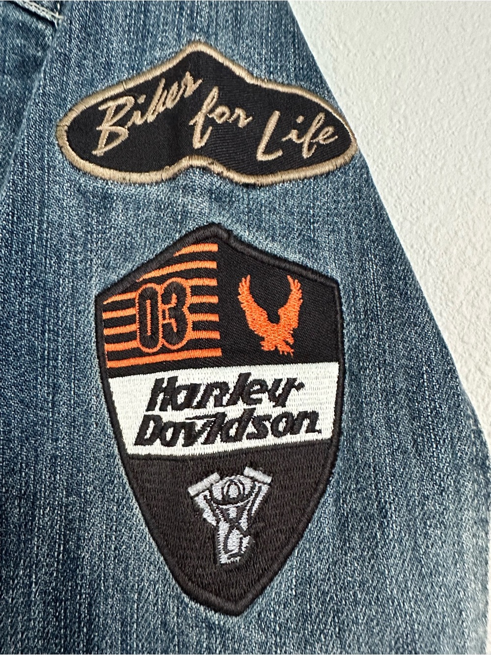 Vintage Women’s Harley Davidson patch Stretch Denim Motorcycle Coat Size XS - Picture 6 of 10